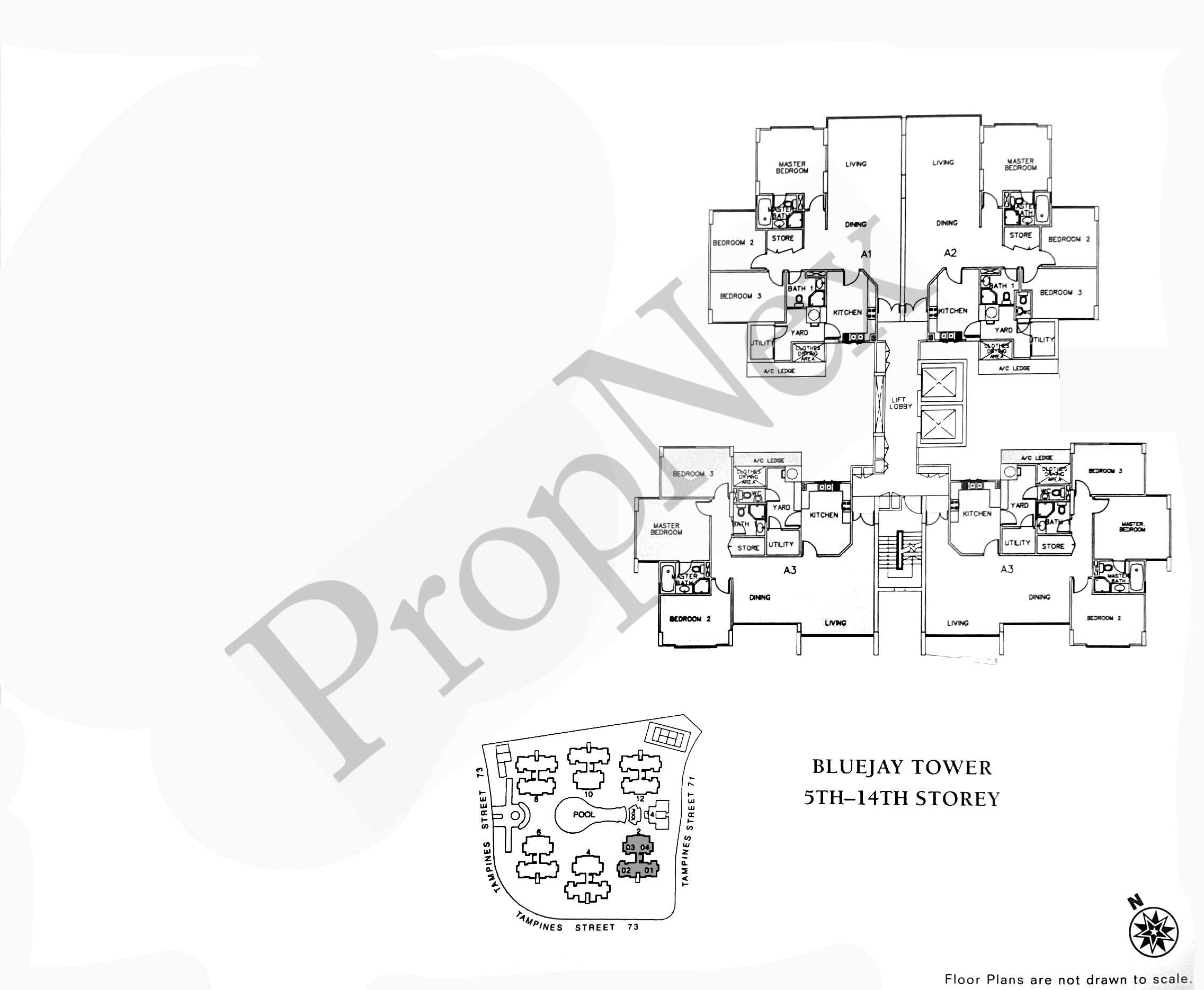 Pinevale Bluejay Tower 5th-14th storey floor plan showing Type A3 1,281 sqft 3-bedroom layout with generous rooms