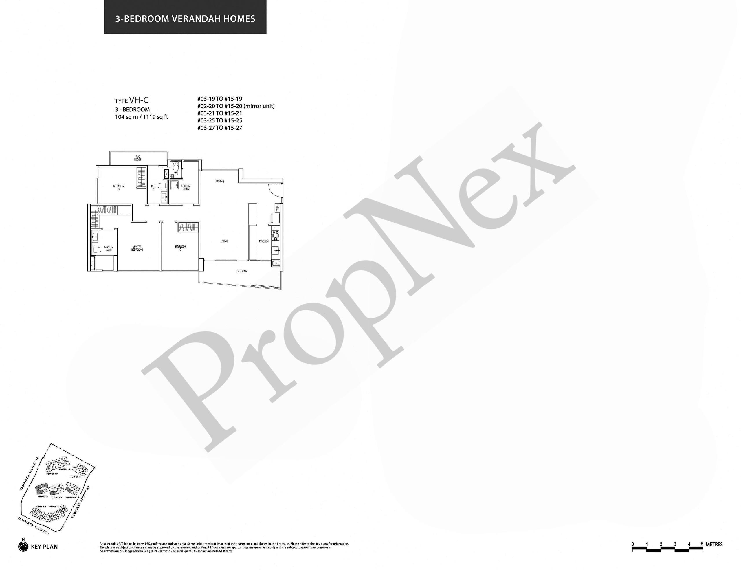 Q Bay Residences Type VH-C Verandah Homes 3-bedroom floor plan 1,119 sqft with kitchen-to-balcony-to-living flow