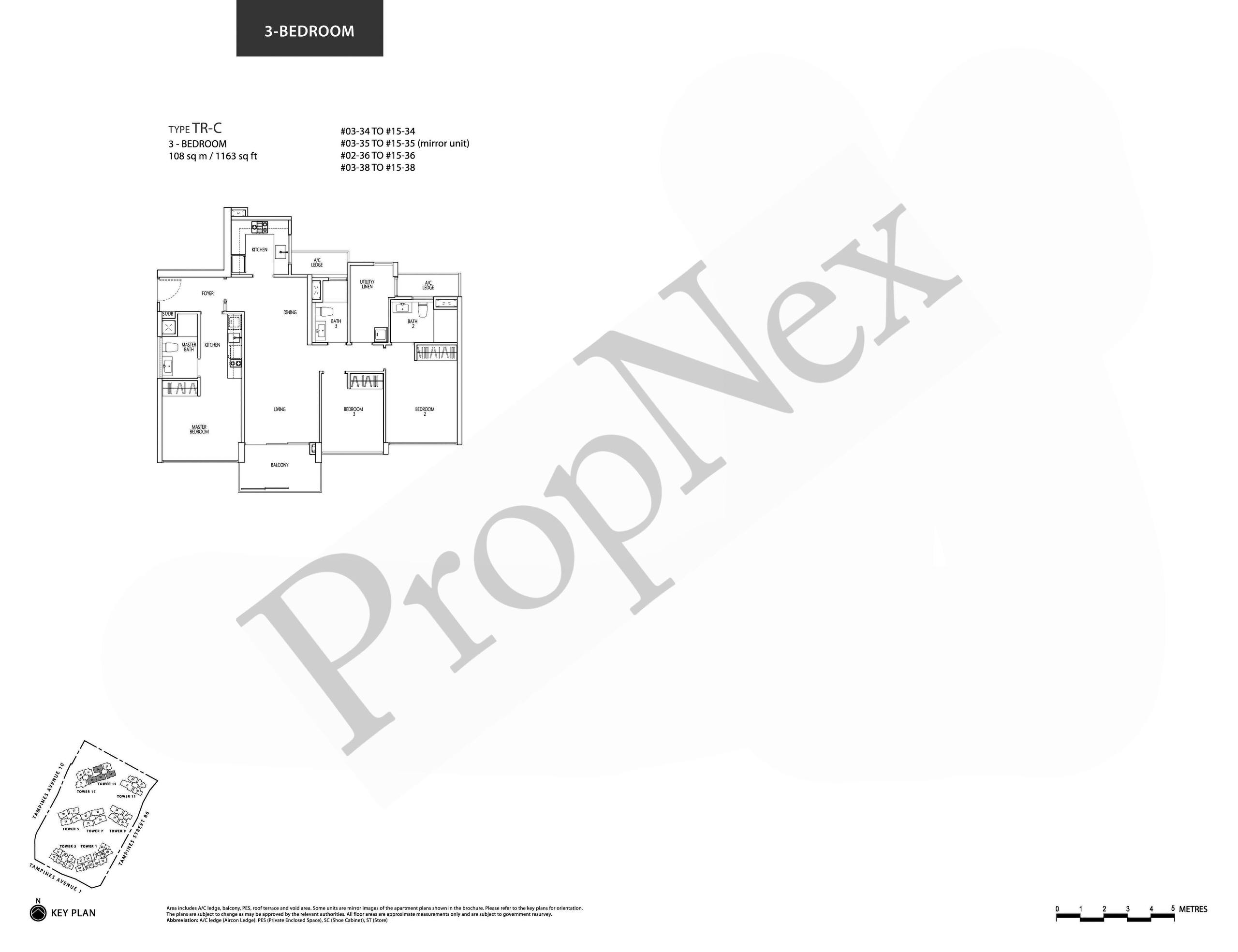 Q Bay Residences Type TR-C dual key 3-bedroom floor plan 1,163 sqft split configuration for rental cashflow