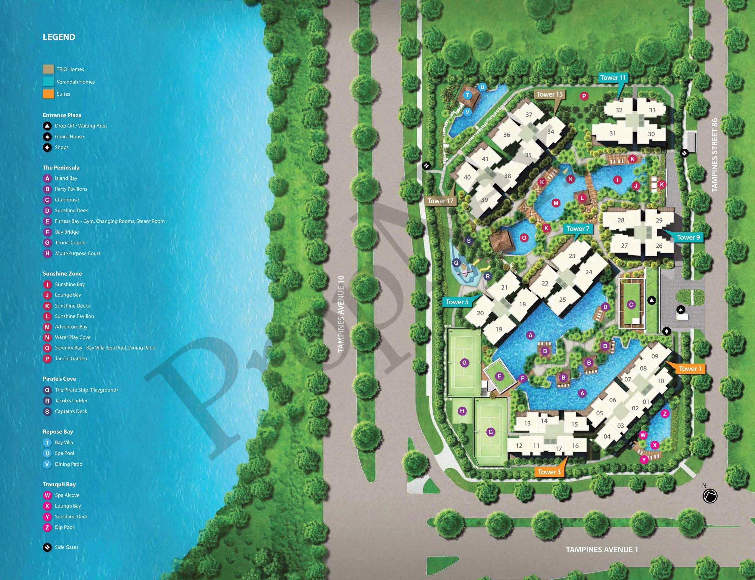 Q Bay Residences condo site plan showing facilities layout pool and unit blocks near Tampines West MRT District 18
