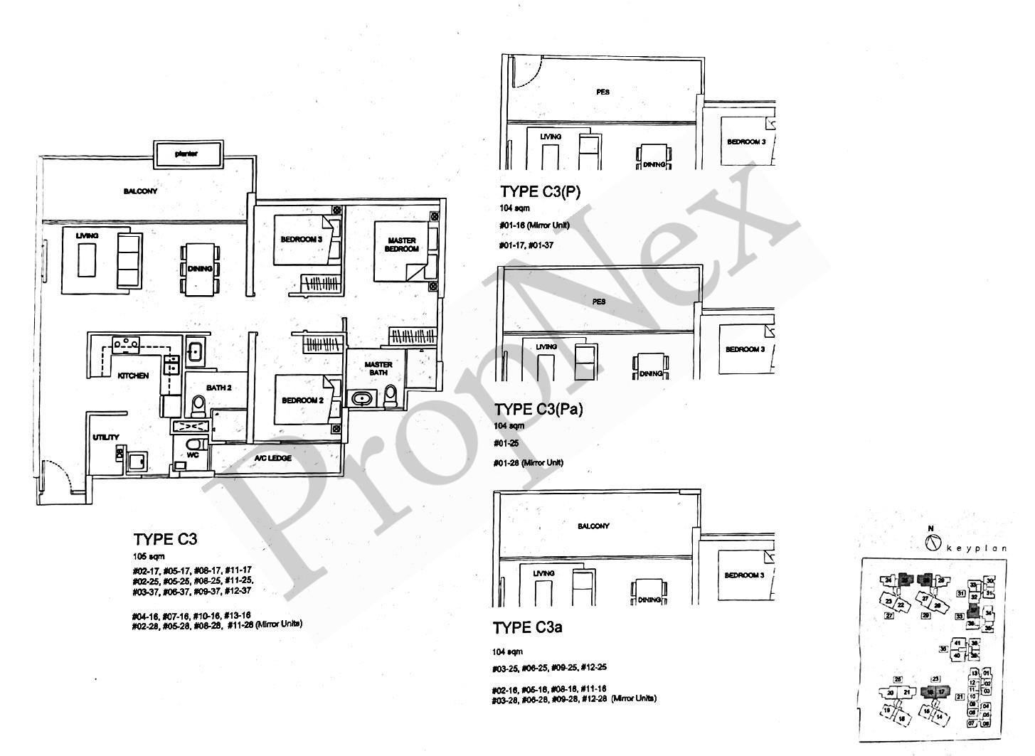 Santorini Type C3 3-bedroom floor plan 1,141 sqft showing 9.5-10 sqm common rooms in mid-tier layout
