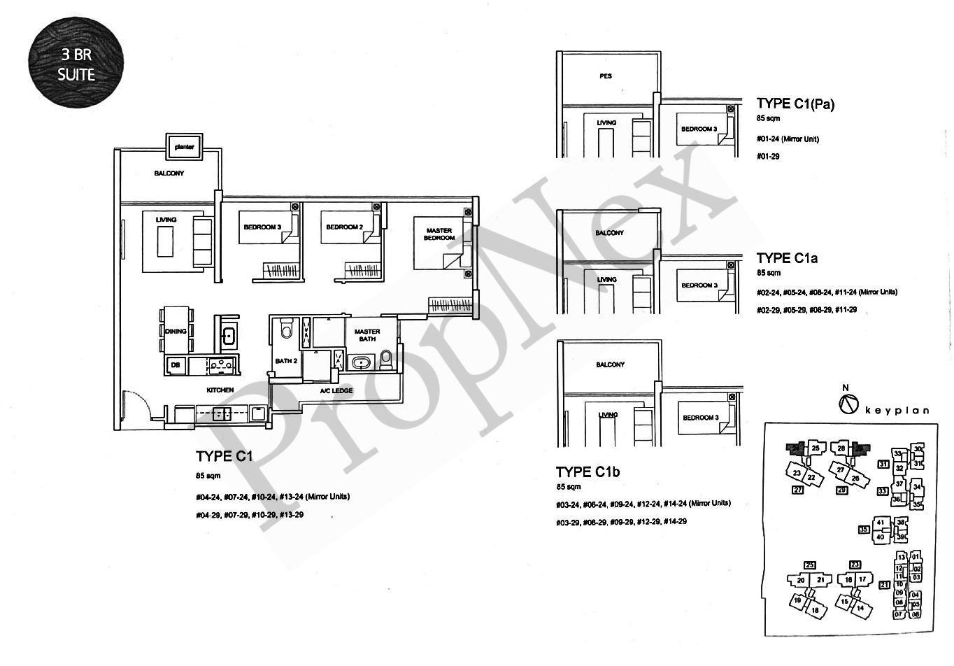 Santorini Type C1 3-bedroom floor plan 915 sqft showing compact layout with 8 sqm common rooms in Tampines