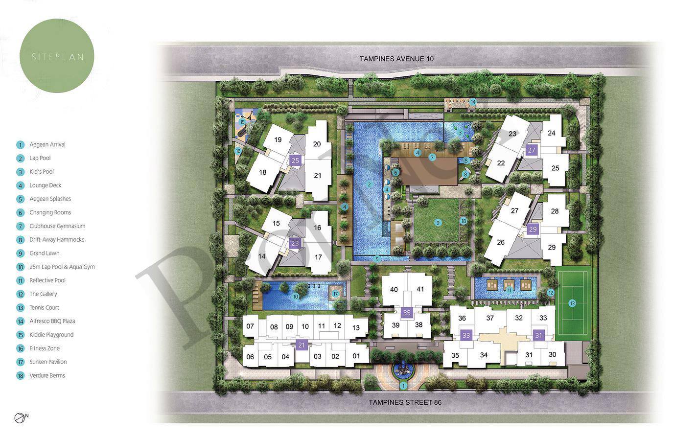Santorini condo site plan showing facilities layout pool gym and unit blocks along Tampines Avenue 8 District 18