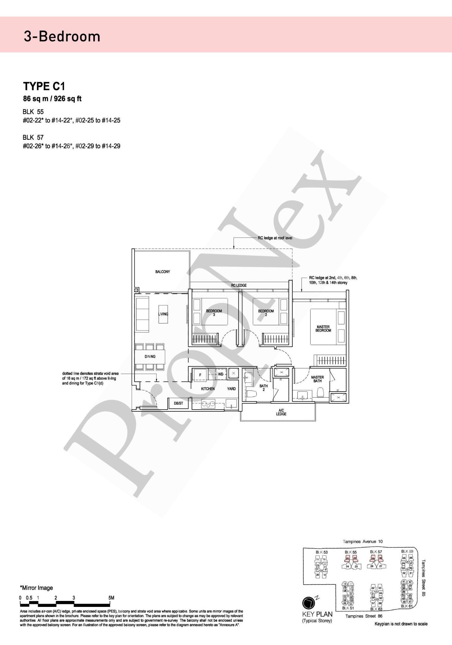 The Tapestry Type C1 3-bedroom floor plan 926 sqft showing compact layout with 8 sqm common rooms Tampines