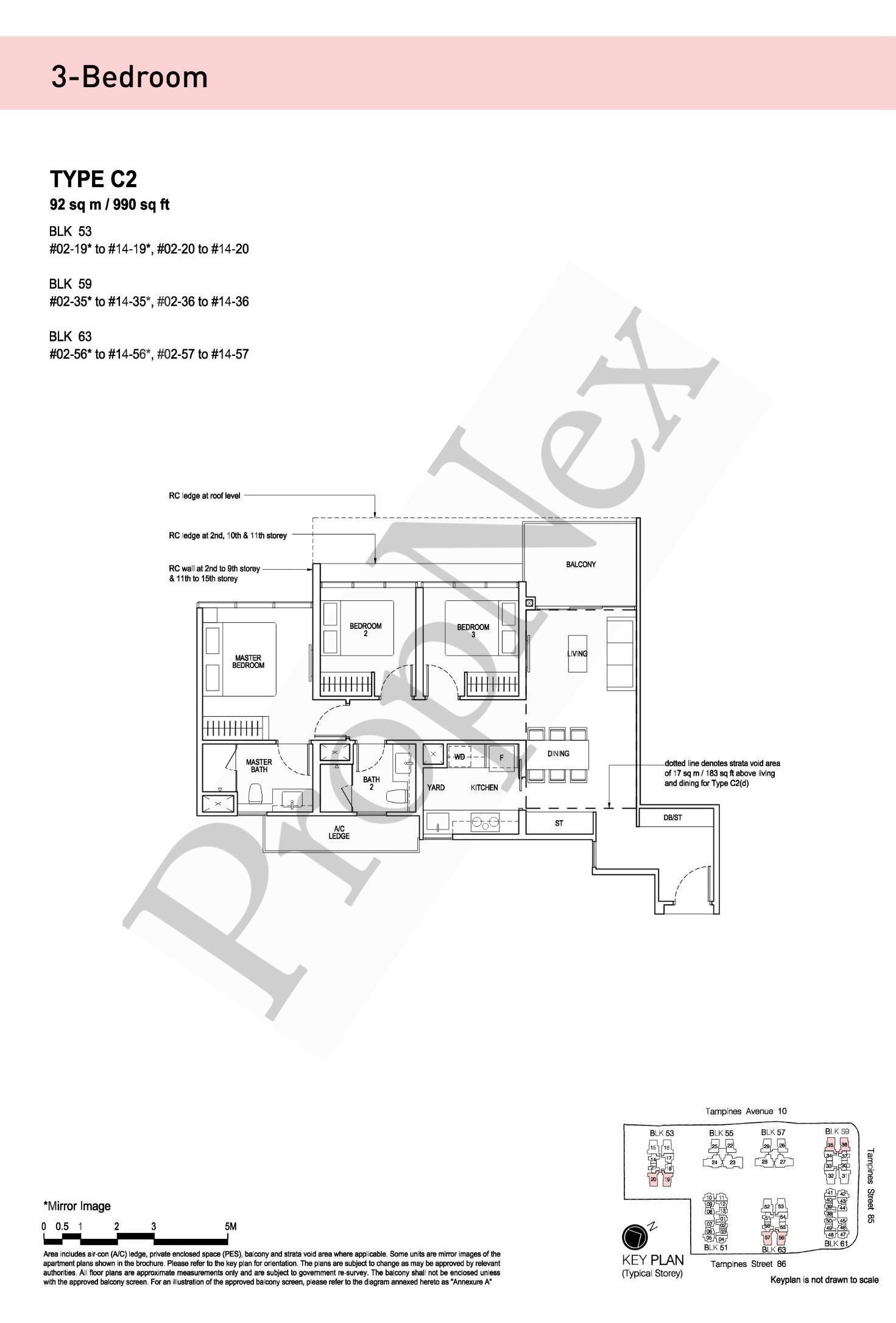 The Tapestry Type C2 3-bedroom floor plan 990 sqft showing mid-compact layout in Tampines