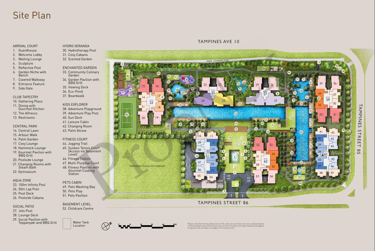 The Tapestry condo site plan showing facilities layout pool and 861 units along Tampines Avenue 10 District 18