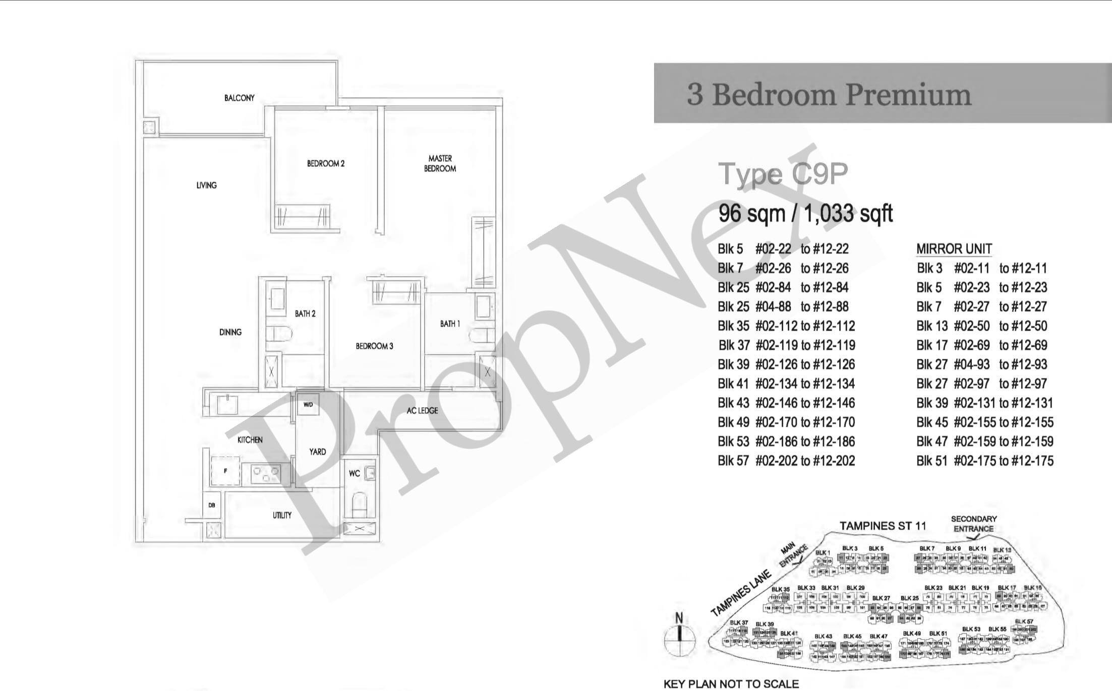 Treasure at Tampines Type C9P 3-Bedroom Premium floor plan 1,033 sqft showing larger rooms than C6