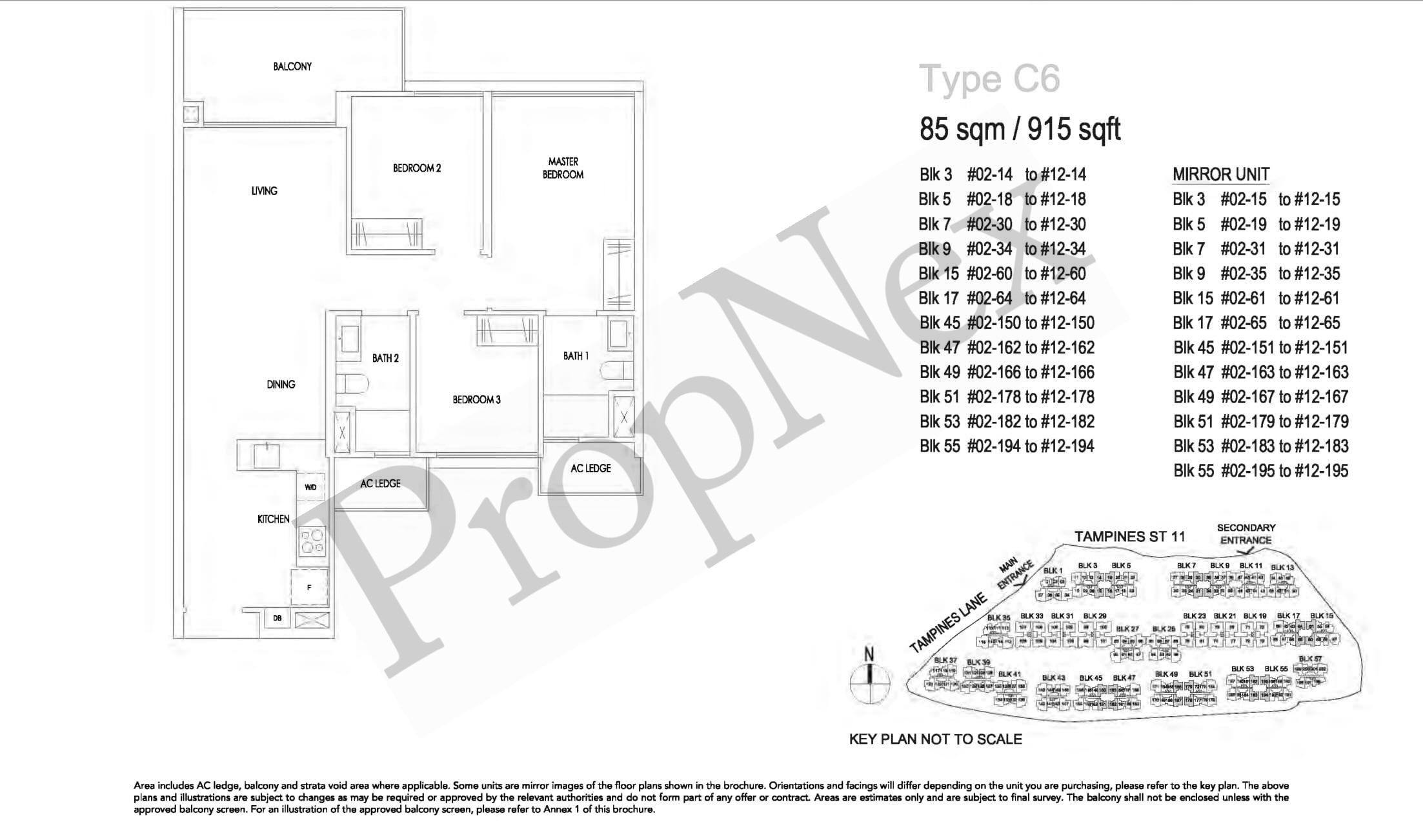 Treasure at Tampines Type C6 3-bedroom floor plan 915 sqft showing compact layout with 8 sqm common rooms