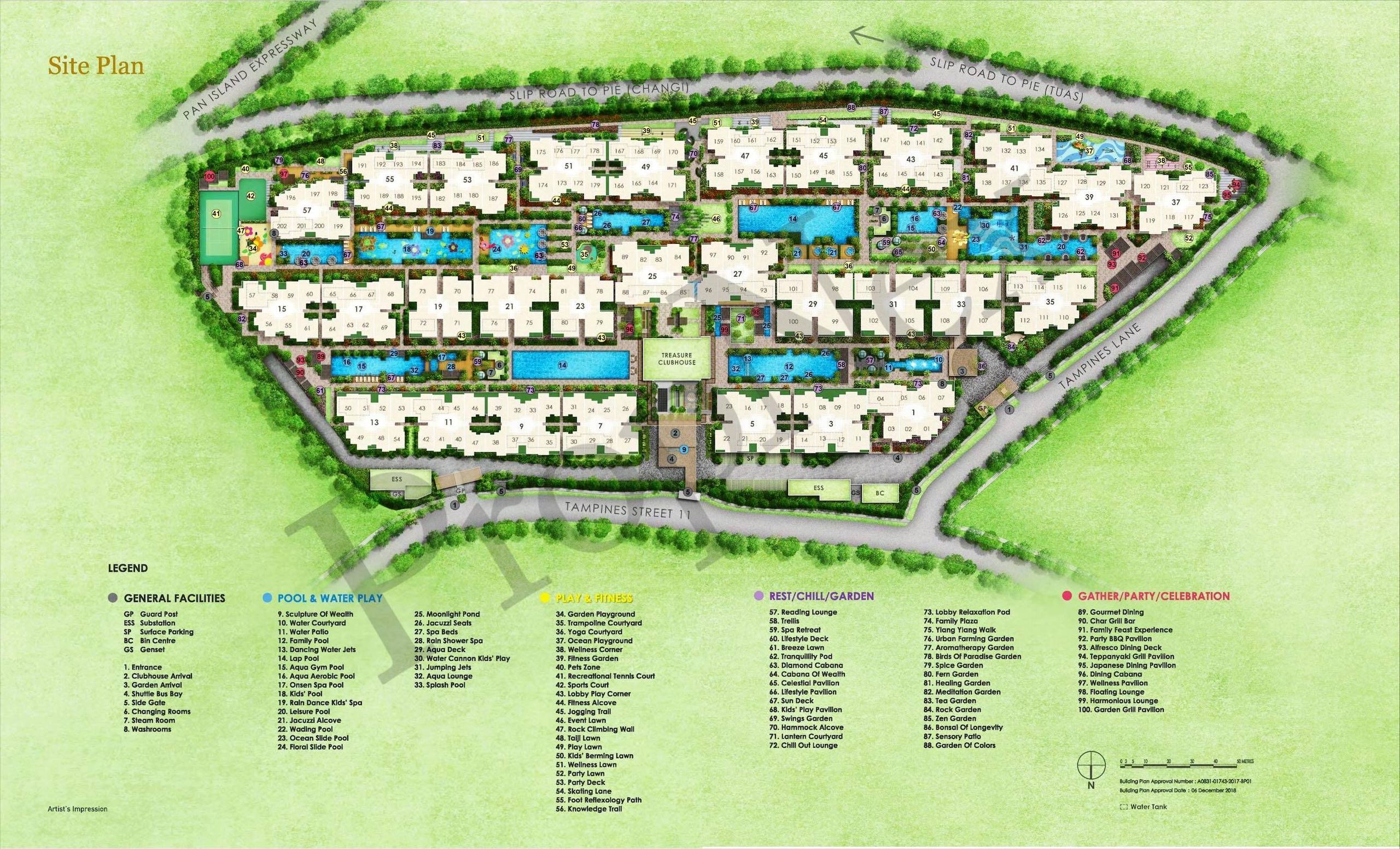 Treasure at Tampines condo site plan showing mega-development facilities layout 50-metre pool tennis courts and 2203 units District 18