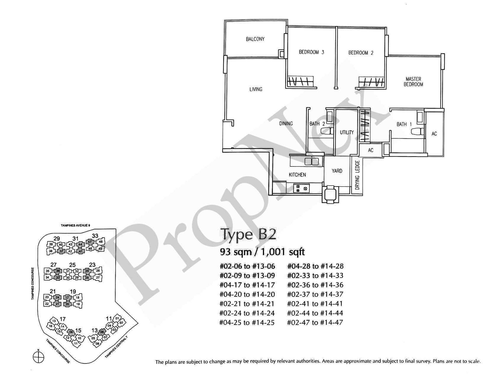 The Trilliant Type B2 3-bedroom floor plan 1,001 sqft showing decent proportions in Tampines Central
