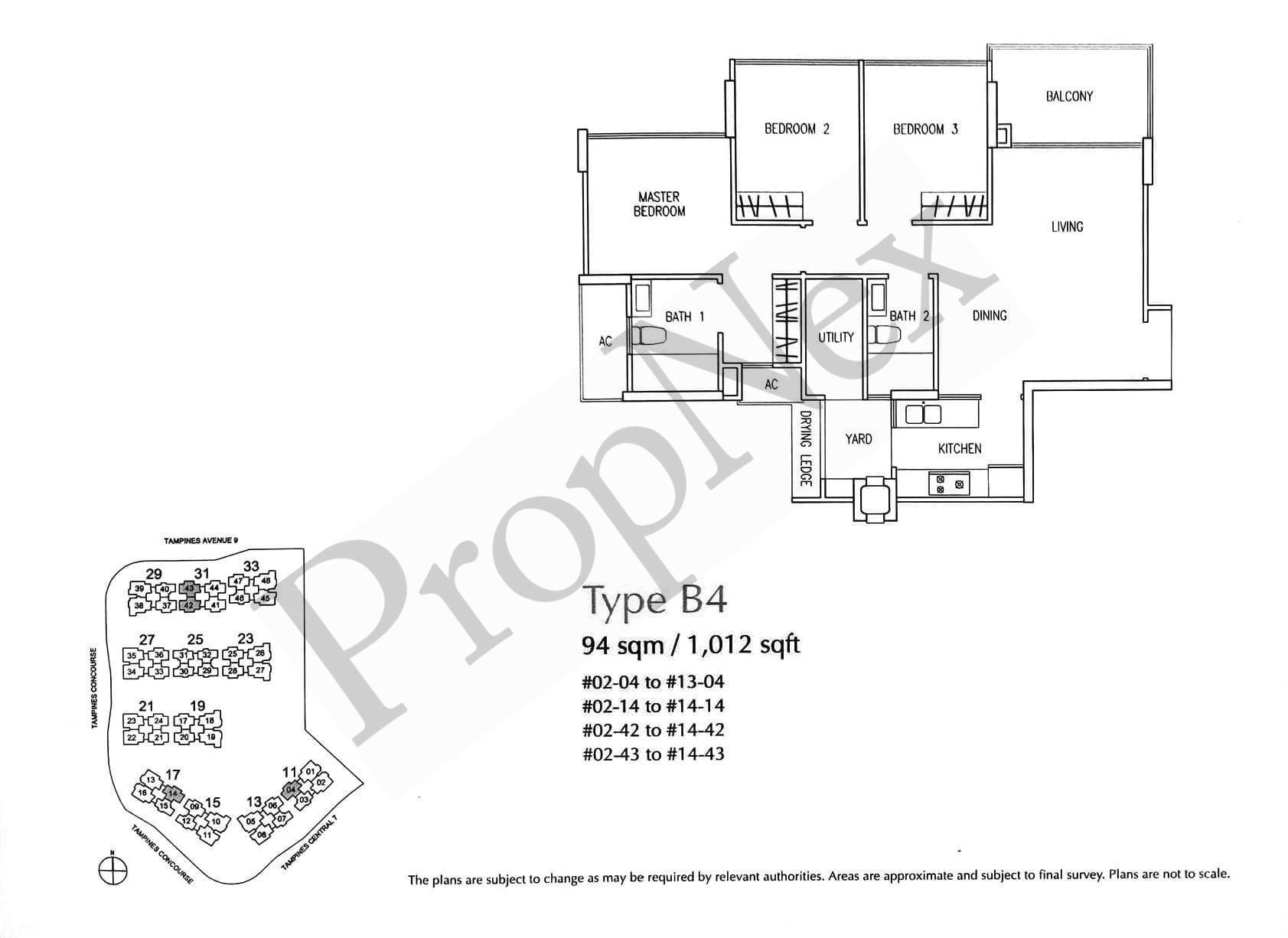 The Trilliant Type B4 3-bedroom floor plan 1,012 sqft showing clean layout with single balcony and 9 sqm common rooms