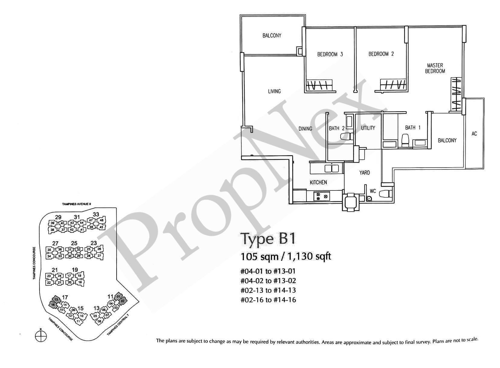 The Trilliant Type B1 3-bedroom floor plan 1,130 sqft with double balcony and service yard consuming strata area