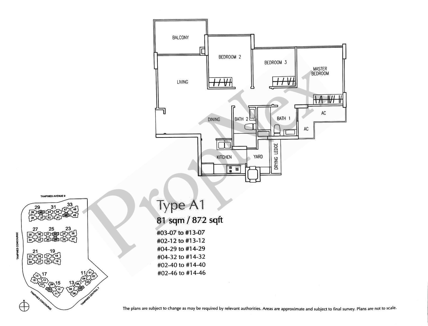The Trilliant Type A1 3-bedroom floor plan 872 sqft showing tiny 7.5 sqm common rooms — avoid for families