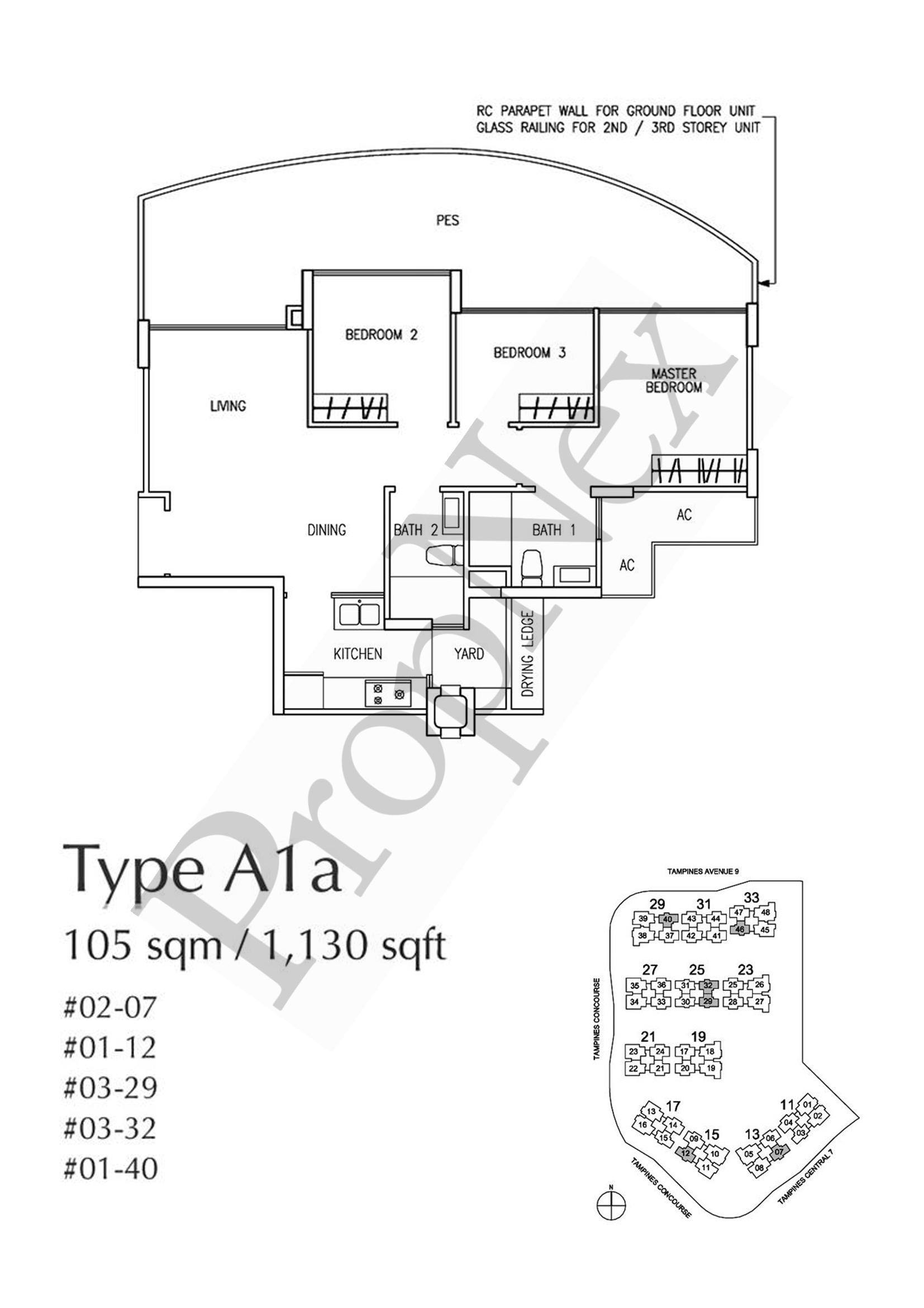 The Trilliant Type A1a patio 3-bedroom floor plan 1,130 sqft transaction trap same 872 sqft internal layout with PES included
