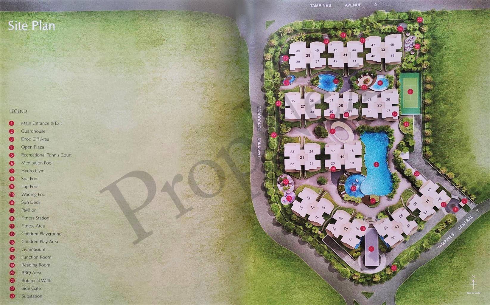 The Trilliant condo site plan showing facilities layout pool and unit blocks in Tampines Central District 18