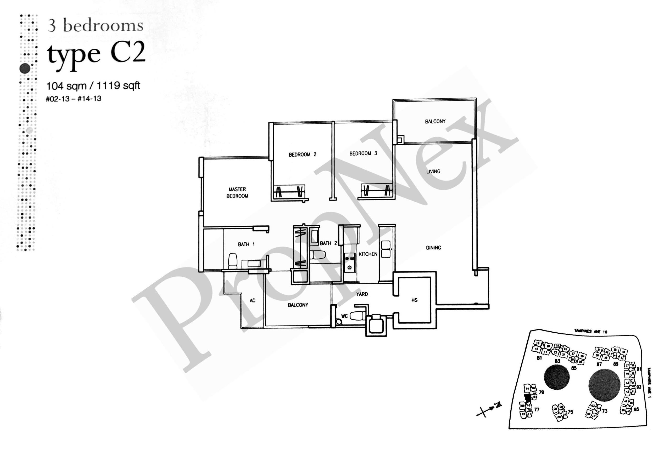 Waterview Type C2 3-bedroom floor plan 1,119 sqft showing excellent room proportions with 10 sqm common rooms