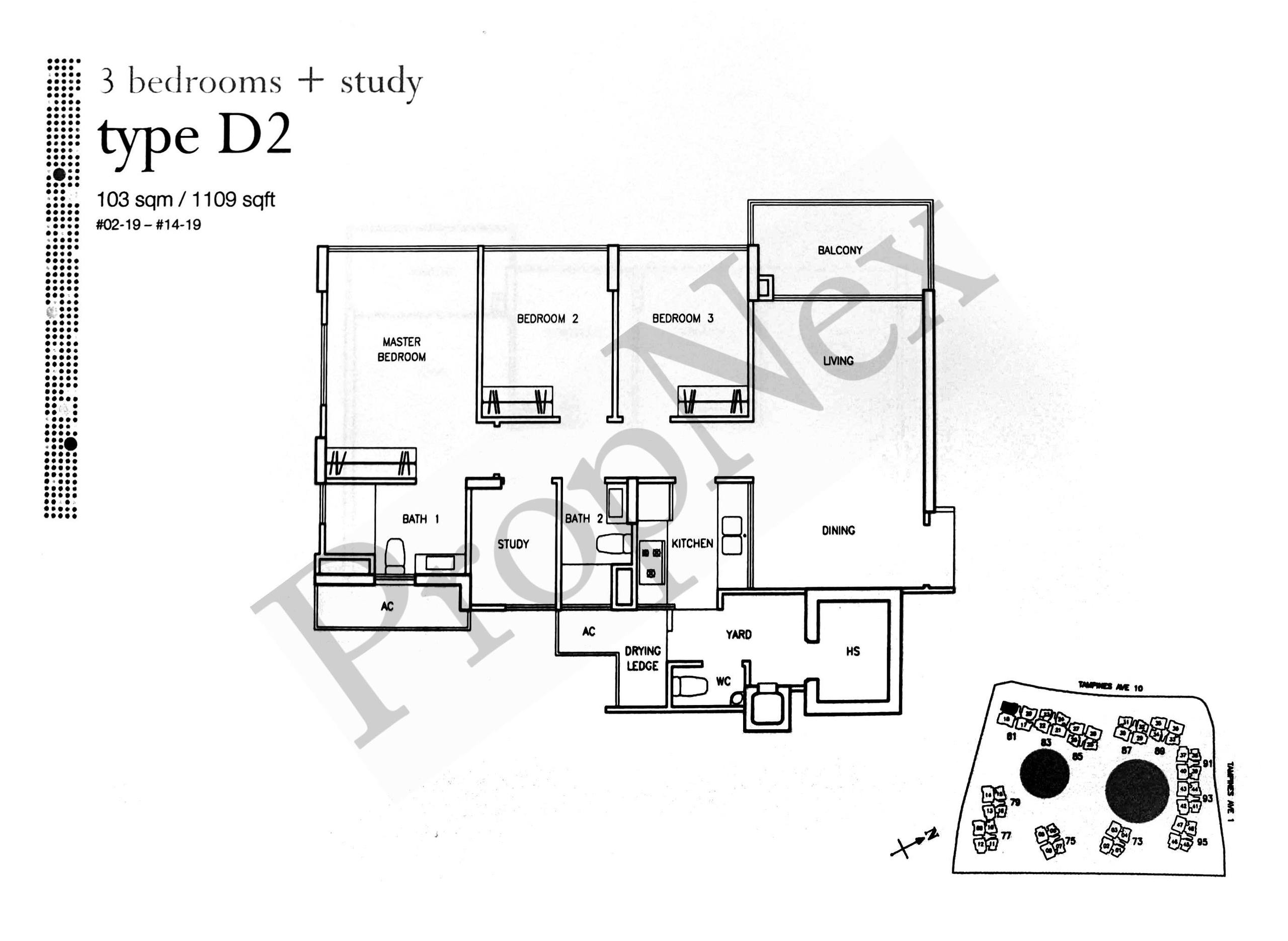 Waterview Type D2 3-bedroom plus study floor plan 1,109 sqft home office option without sacrificing a bedroom Tampines