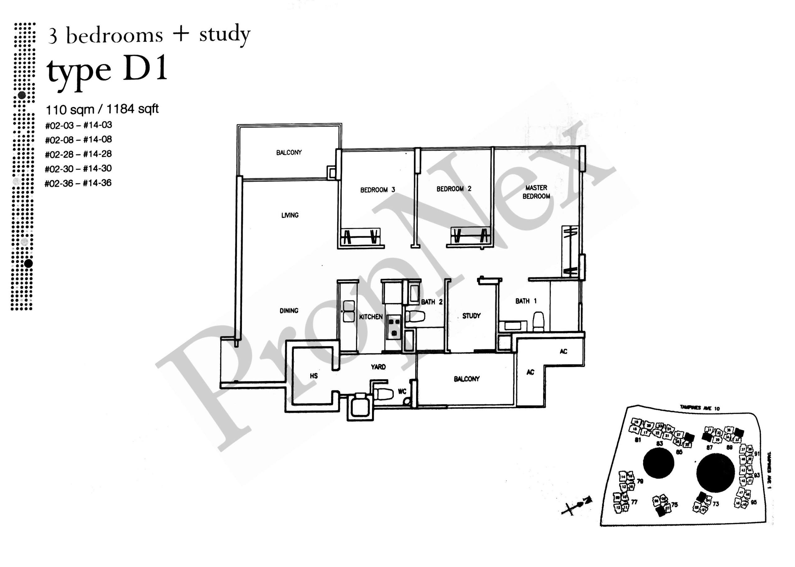 Waterview Type D1 3-bedroom plus study floor plan 1,184 sqft showing the hidden gem layout