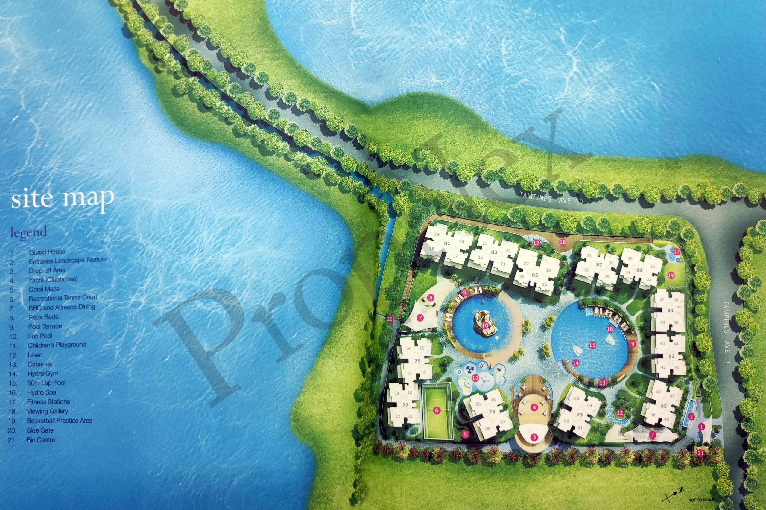 Waterview condo site plan showing facilities layout pool and unit blocks overlooking Bedok Reservoir Tampines District 18
