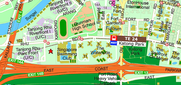 Aerial 3D view of the Tanjong Rhu area showing the GLS site relative to Tanjong Rhu MRT, the existing private condo cluster (Costa Rhu, Pebble Bay, Sanctuary Green, Water Place), and the Sports Hub