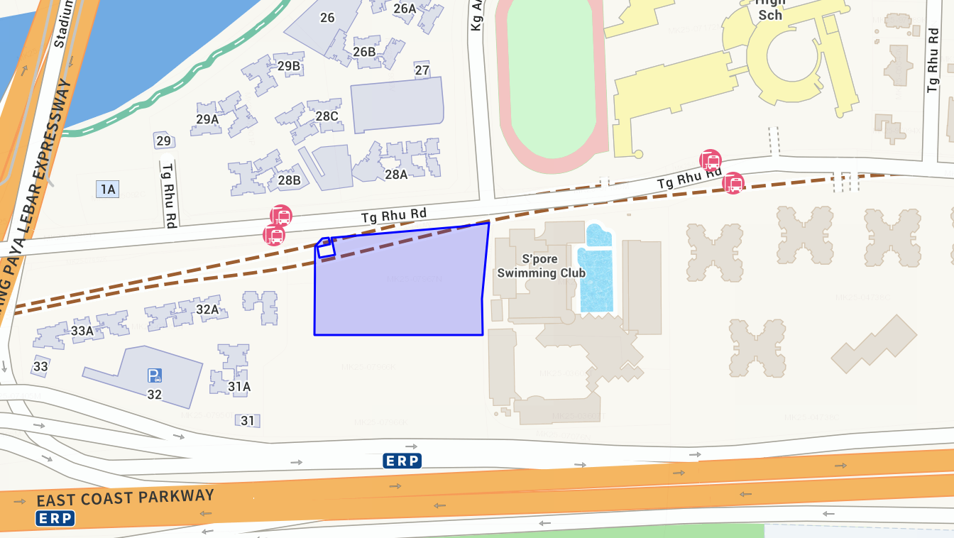 Tanjong Rhu Road GLS site location map showing the 12,239 sqm parcel south of Tanjong Rhu Road next to the Singapore Swimming Club, between Tanjong Rhu MRT and Katong Park MRT on the Thomson-East Coast Line