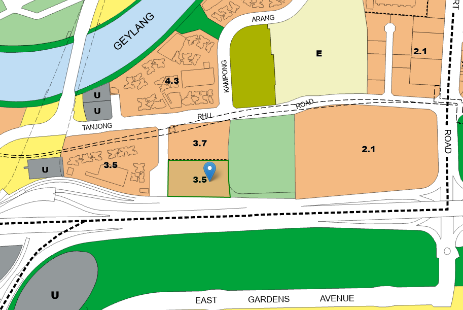 URA Master Plan zoom showing the GLS site at plot ratio 3.7 next to a 3.5 plot ratio plot to the south, which is zoned for utility use and will not block views