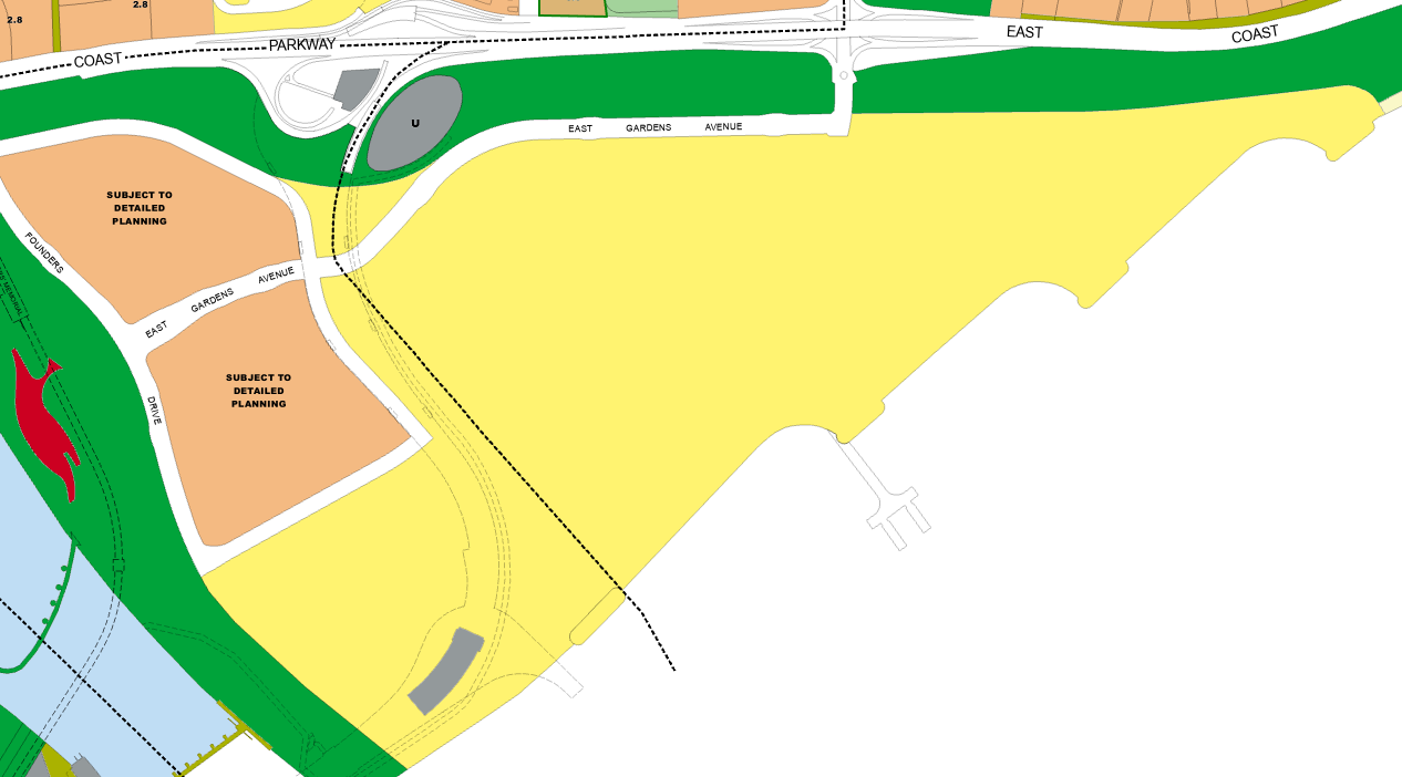 URA Master Plan zoomed view showing the GLS site, the desalination plant land use to the south, and East Coast Park beyond — confirming no tall development will block sea-line views from upper floors