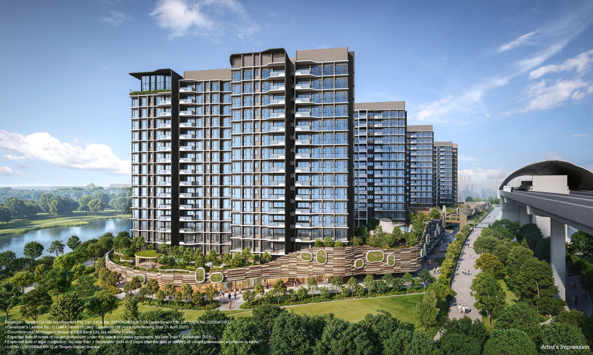 Artist impression of Tengah Garden Residences facade showing residential towers above retail podium with Jurong Region Line viaduct on the right
