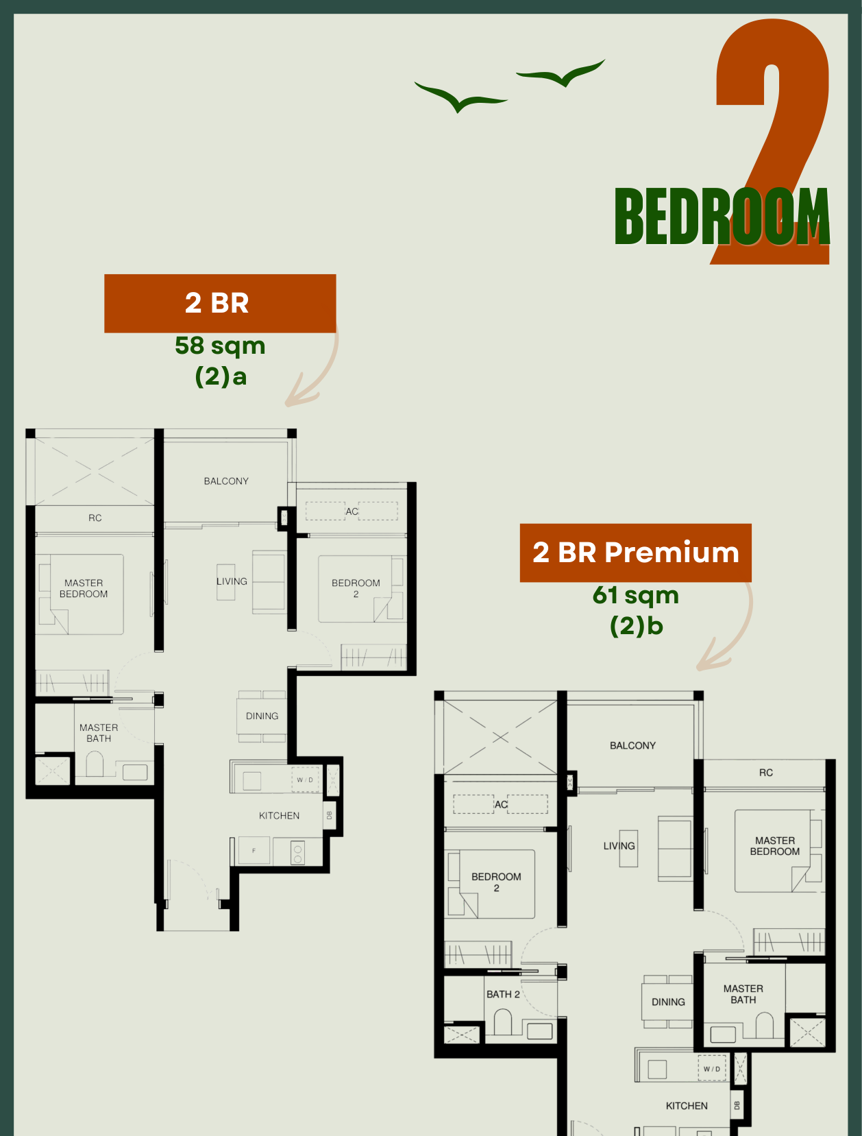 Tengah Garden Residences 2-Bedroom floor plans showing Type 2a Compact 614 sqft and Type 2b Premium 646 sqft