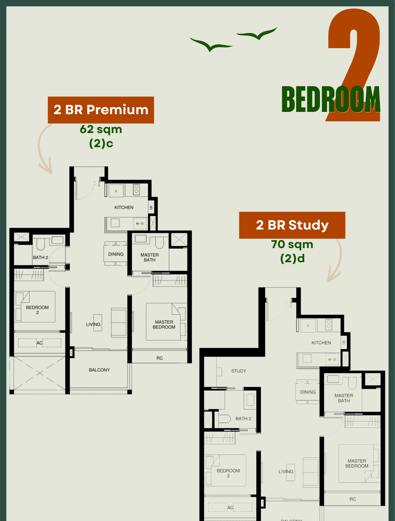 Tengah Garden Residences 2-Bedroom floor plans showing Type 2c Premium 657 sqft and Type 2d Study 743 sqft