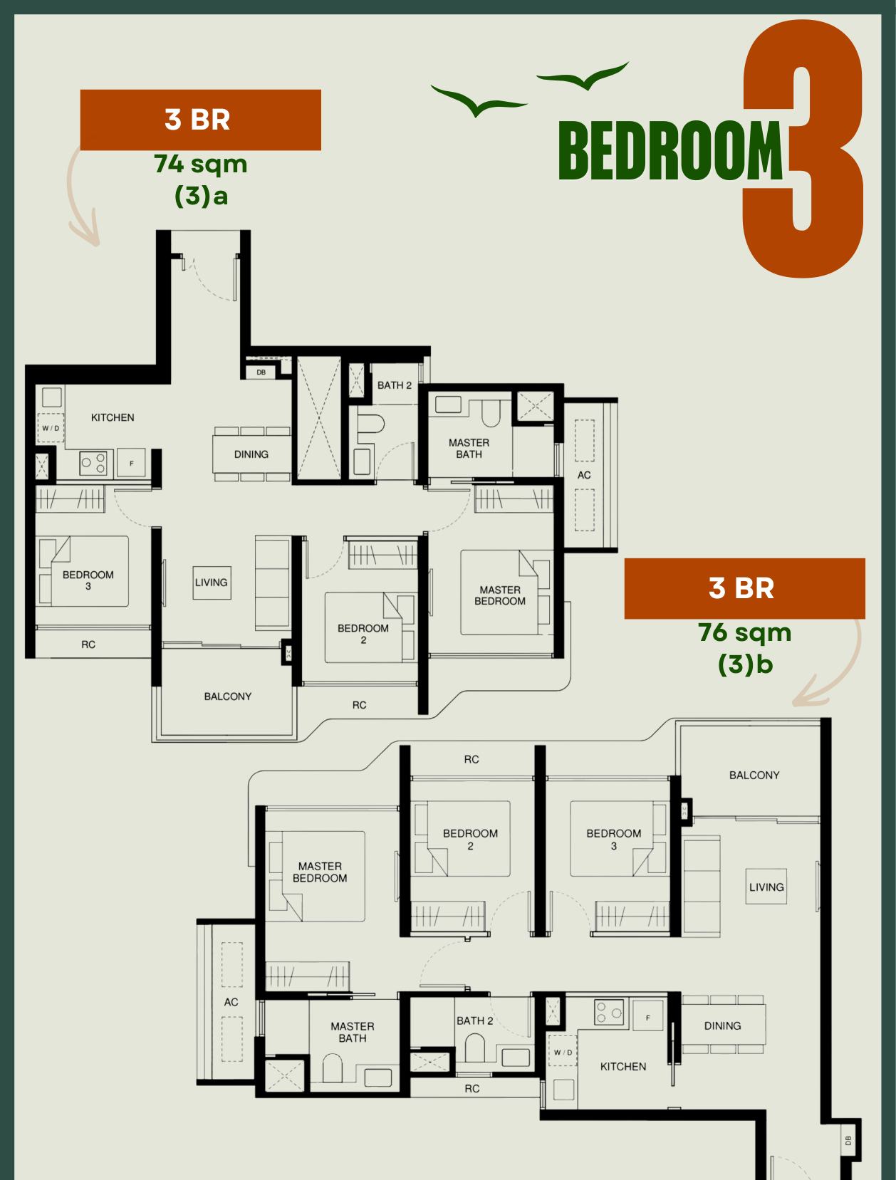 Tengah Garden Residences 3-Bedroom Compact floor plans showing Type 3a 797 sqft and Type 3b 807 sqft