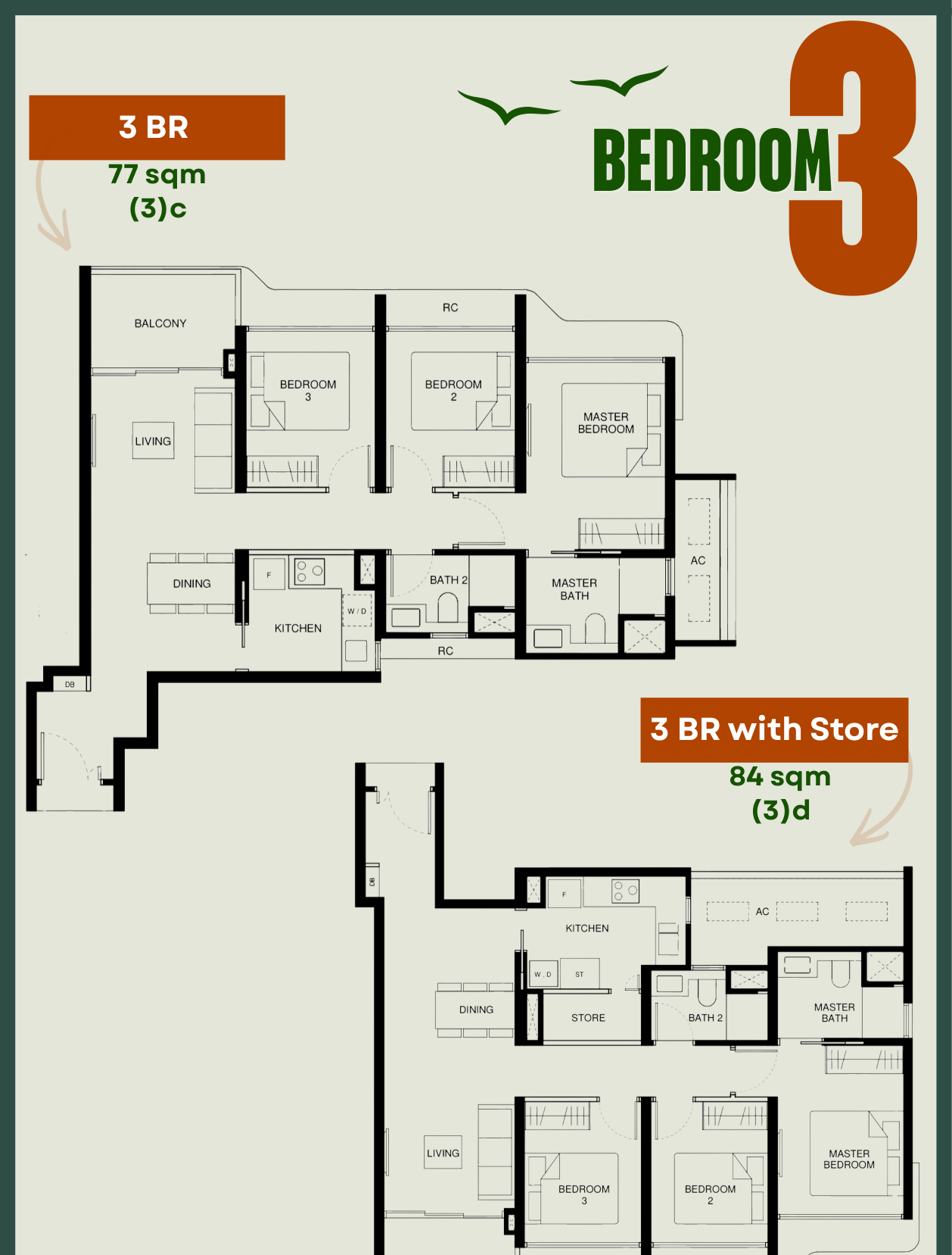 Tengah Garden Residences 3-Bedroom floor plans showing Type 3c Compact 829 sqft and Type 3d with Store 904 sqft