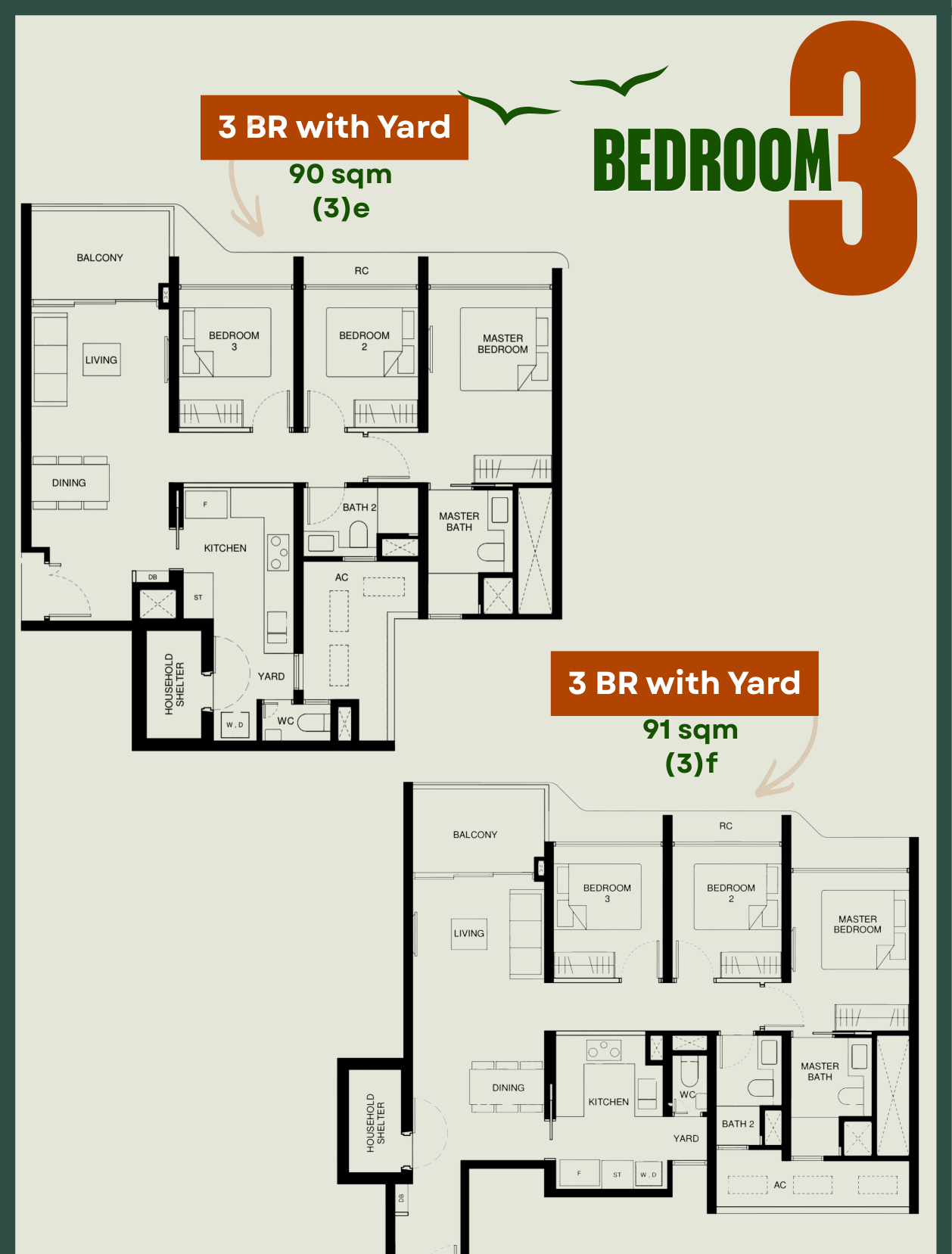 Tengah Garden Residences 3-Bedroom with Yard floor plans showing Type 3e 969 sqft and Type 3f 980 sqft