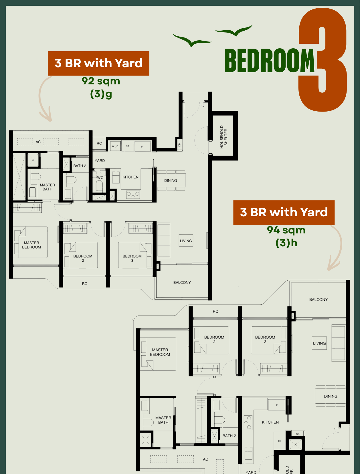 Tengah Garden Residences 3-Bedroom with Yard floor plans showing Type 3g 947 sqft and Type 3h 1012 sqft