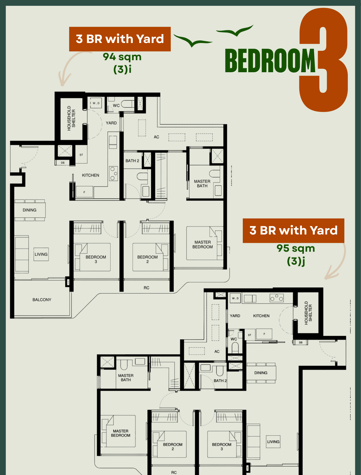 Tengah Garden Residences 3-Bedroom with Yard floor plans showing Type 3i 1012 sqft and Type 3j 1033 sqft