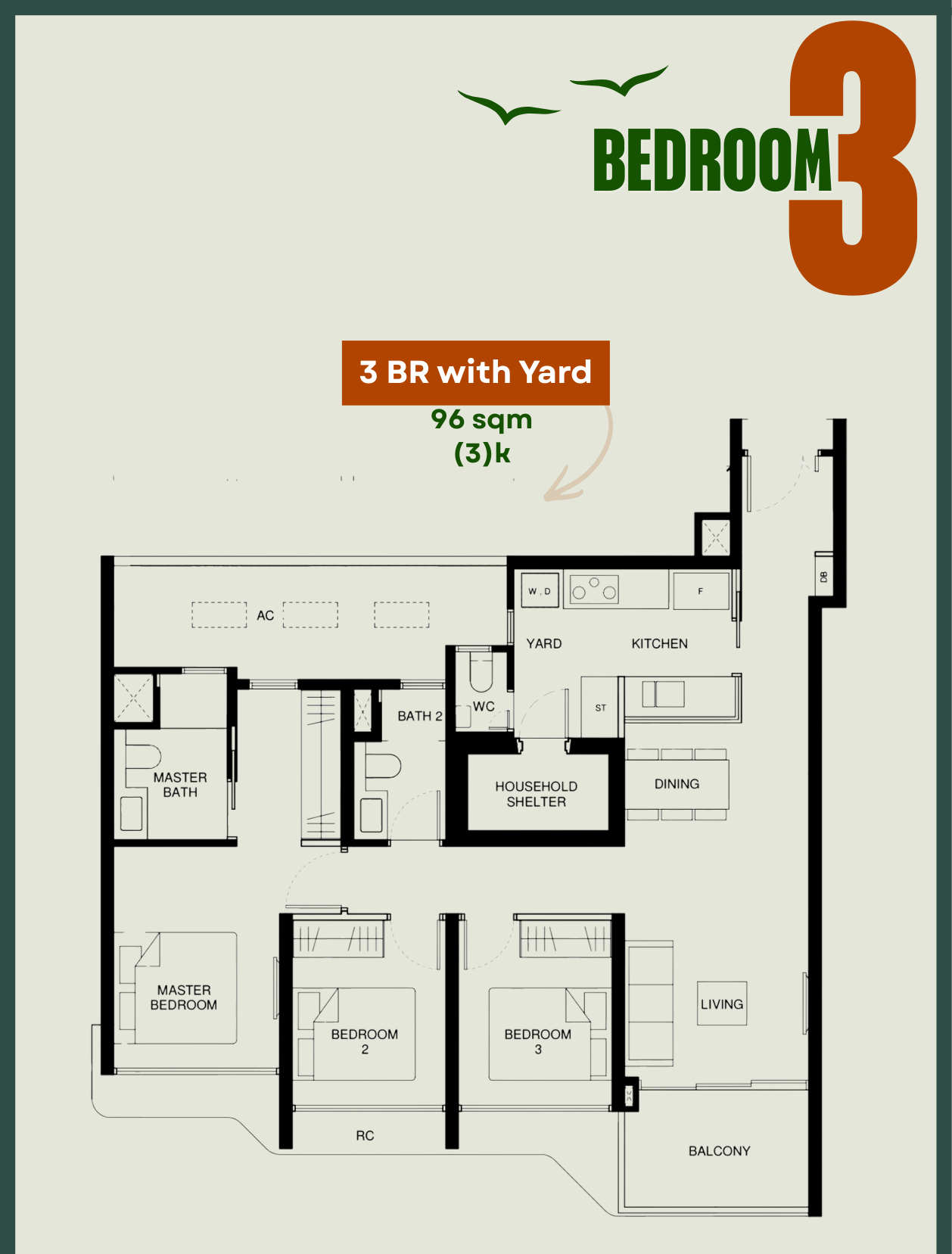 Tengah Garden Residences 3-Bedroom with Yard floor plan showing Type 3k 1033 sqft on 5 stacks