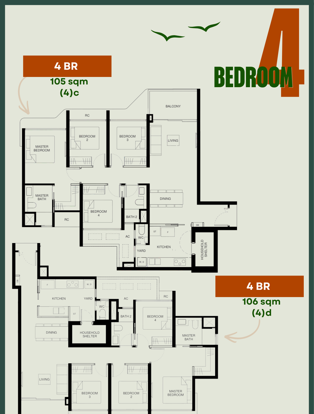 Tengah Garden Residences 4-Bedroom floor plans showing Type 4c 1130 sqft and Type 4d 1141 sqft