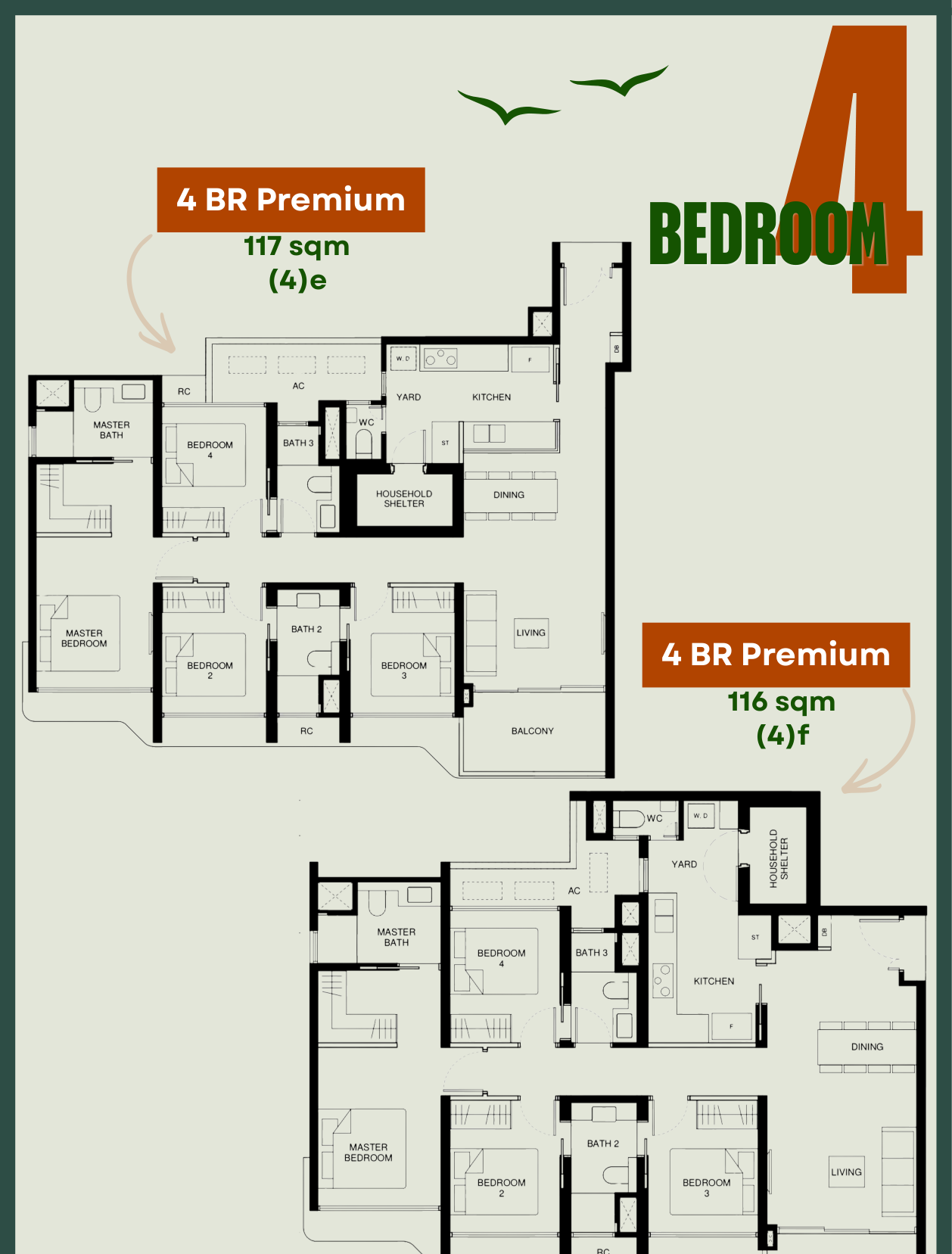 Tengah Garden Residences 4-Bedroom Premium floor plans showing Type 4e 1259 sqft and Type 4f 1249 sqft