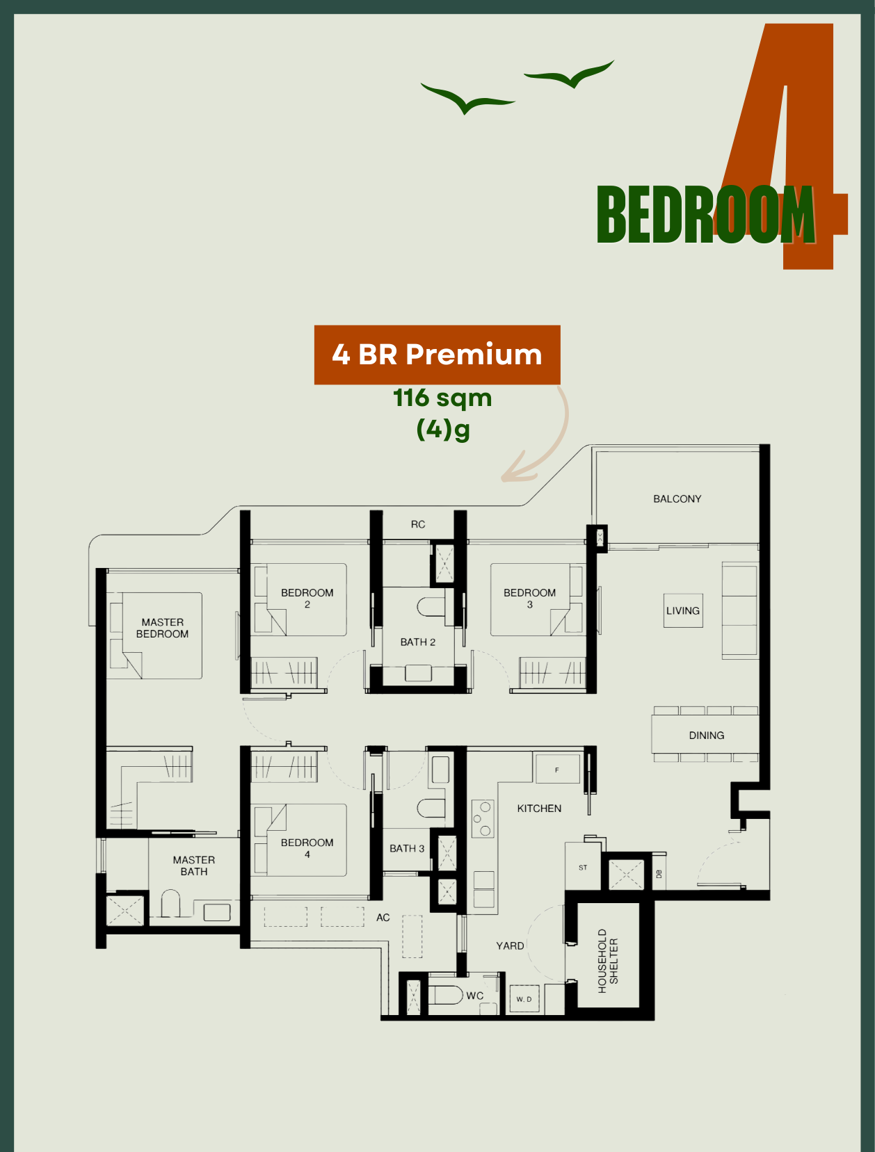Tengah Garden Residences 4-Bedroom Premium floor plan showing Type 4g 1249 sqft