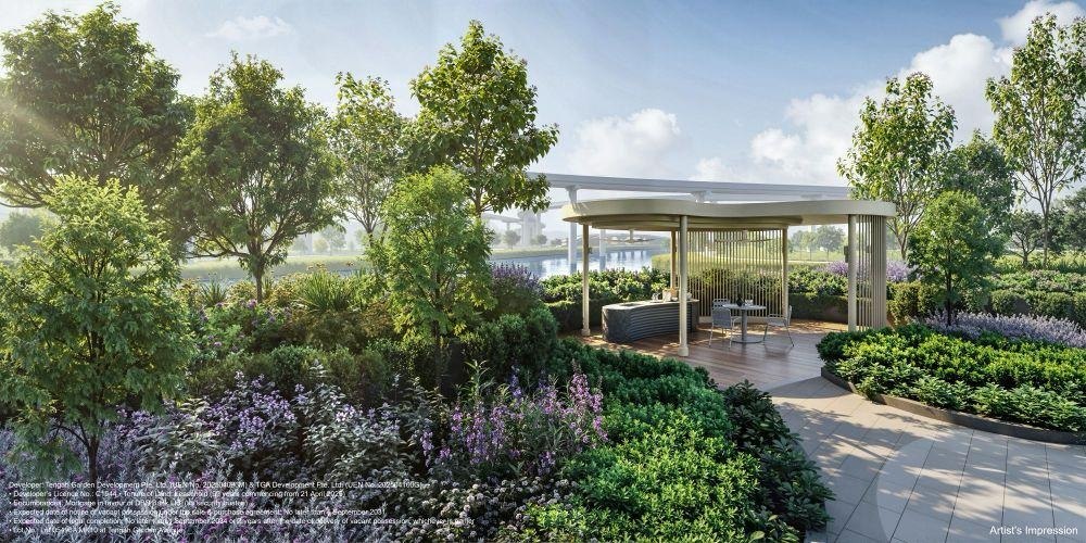 Artist impression of Tengah Garden Residences garden pavilion with lush landscaping and waterfront views in the background
