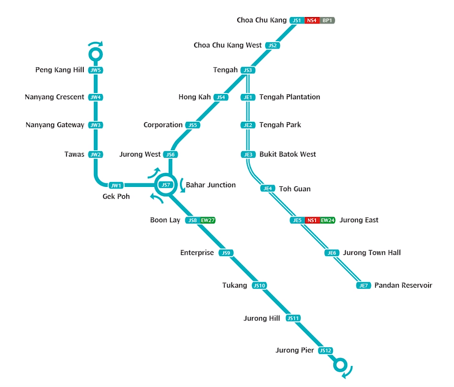 Jurong Region Line MRT map showing all stations from Choa Chu Kang to Jurong Pier including Hong Kah station serving Tengah Garden Residences