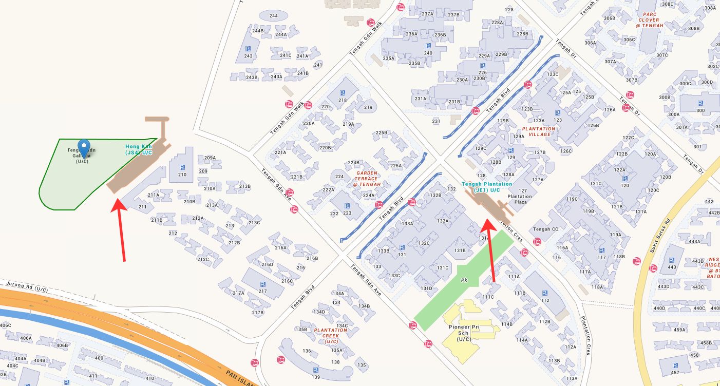 Tengah Garden Residences location map showing Hong Kah MRT station and surrounding HDB precincts with red arrows pointing to key landmarks