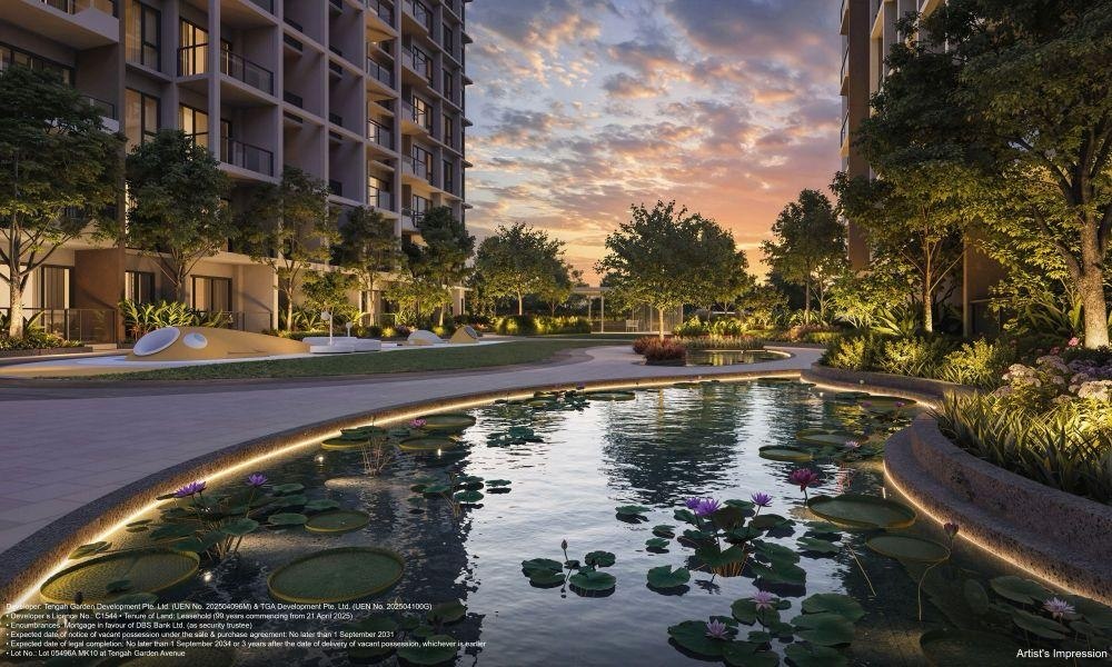 Artist impression of Tengah Garden Residences lotus pond at sunset with water lilies and ambient lighting between residential towers