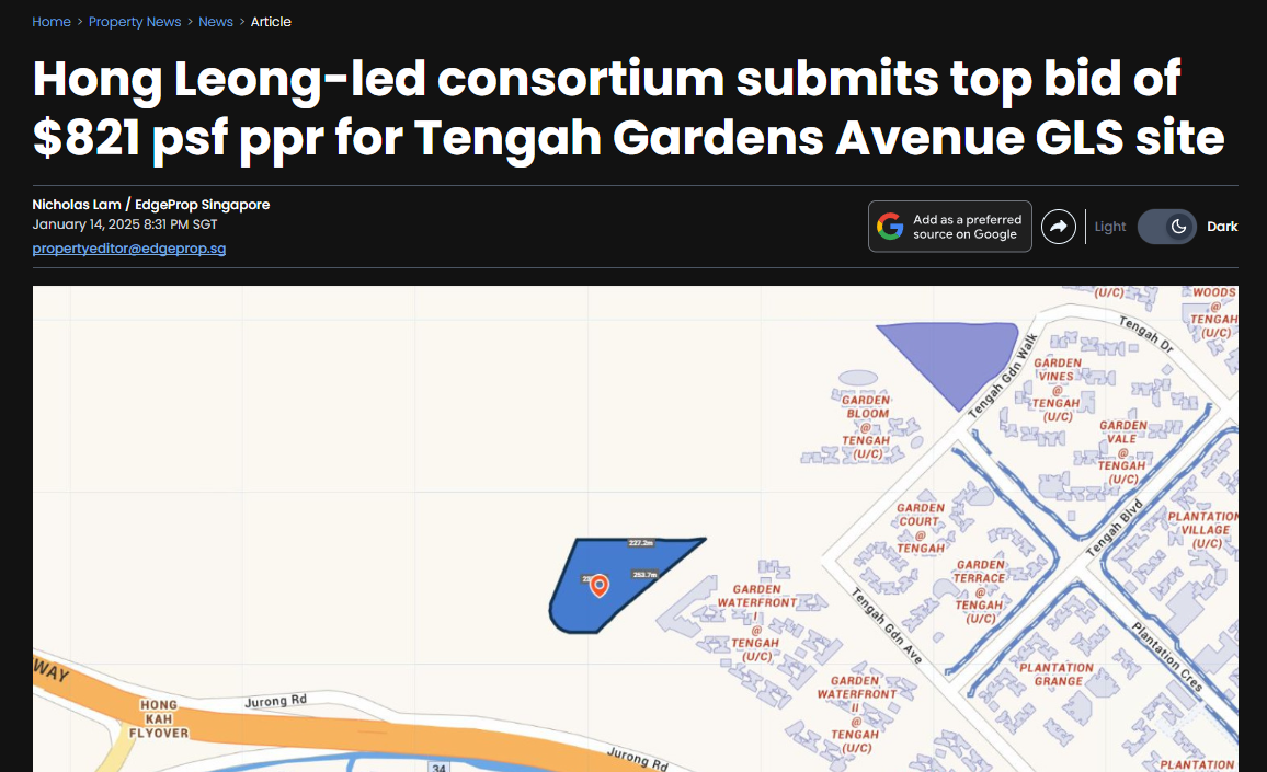 EdgeProp news article headline reporting Hong Leong-led consortium submits top bid of $821 psf ppr for Tengah Gardens Avenue GLS site