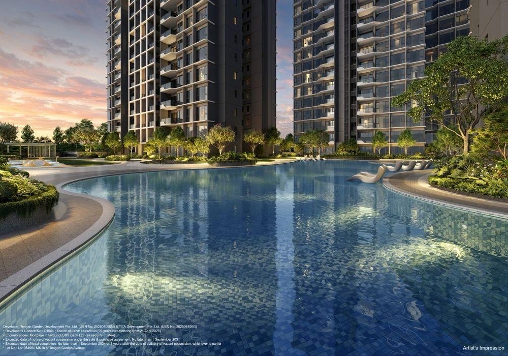 Artist impression of Tengah Garden Residences swimming pool at dusk with in-water loungers and residential towers flanking both sides