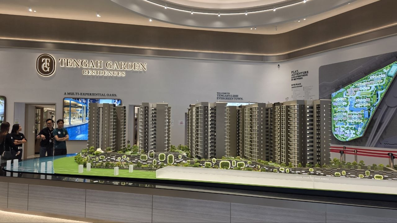 Tengah Garden Residences showflat with the project model and signage during the April 2026 launch