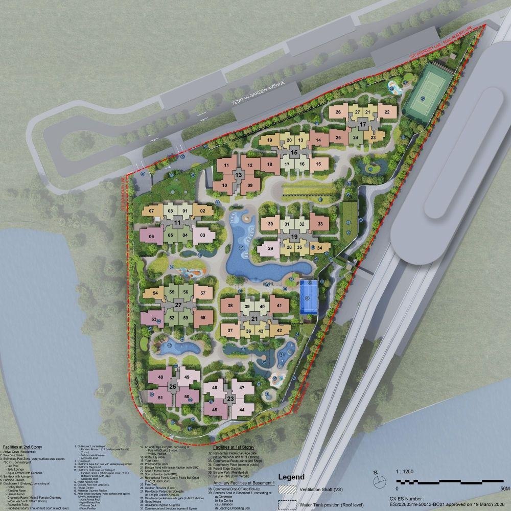 Tengah Garden Residences site plan showing layout of 9 residential blocks across a triangular site with central water features lap pool tennis court and landscaped gardens along Tengah Garden Avenue