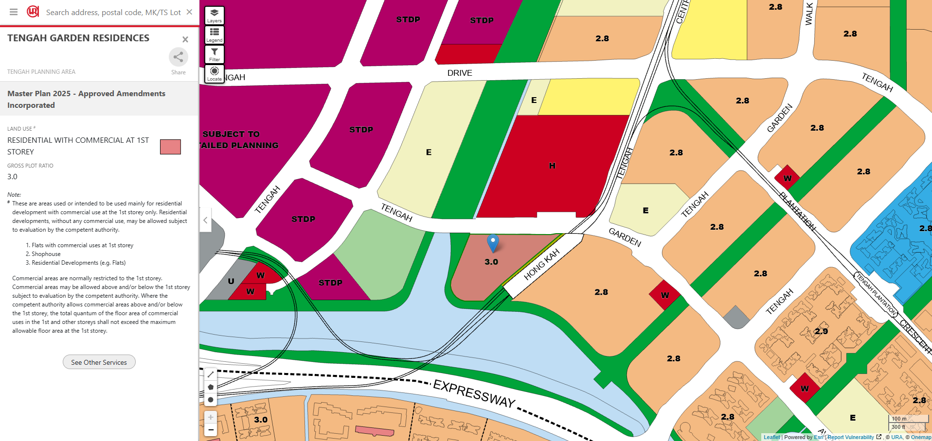 URA Master Plan 2025 zoning map for Tengah Garden Residences showing residential with commercial at first storey and surrounding plot ratios