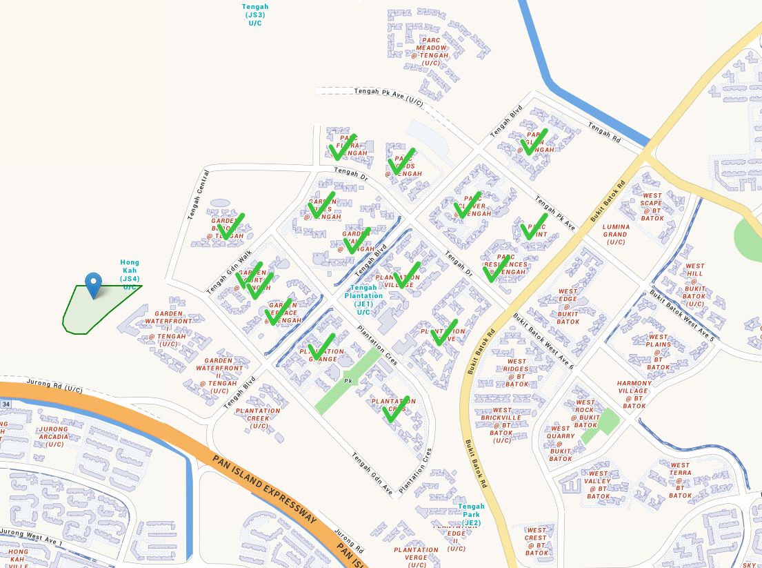 Map of Tengah showing all HDB clusters with green ticks marking the upgrader demand pool for Tengah Garden Residences with Hong Kah MRT pinned