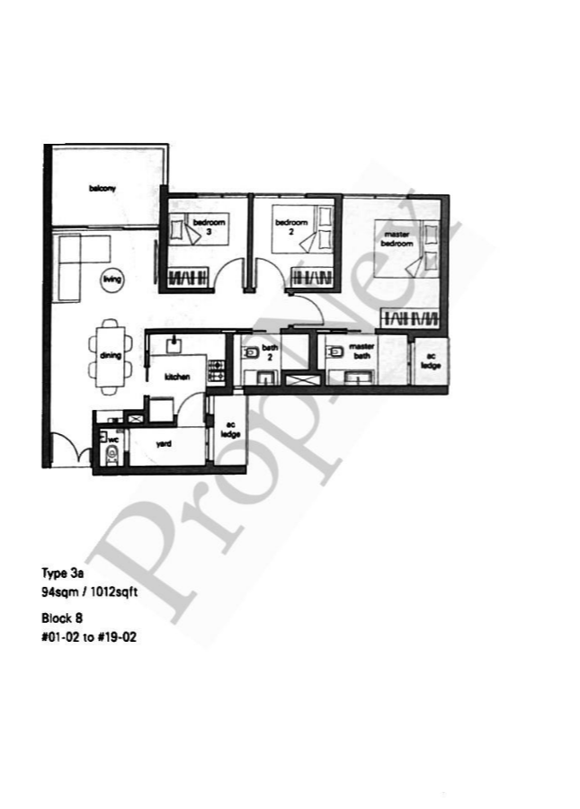 The Panorama 3-bedroom Type 3a floor plan, 1,012 sqft, three bedrooms with an en-suite master and a yard off the kitchen